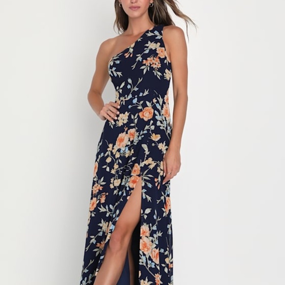 Lulus Elegant Admiration Navy Blue Floral One-shoulder Maxi Dress - Size XS - Picture 1 of 1